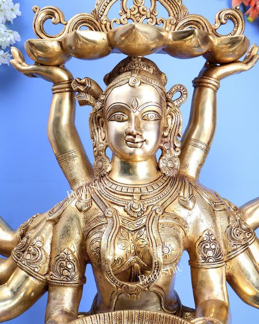 Brass Deep Lady with Multiple Arms & Diyas – Grand Traditional Welcome Statue (48 Inch) - Budhshiv.com