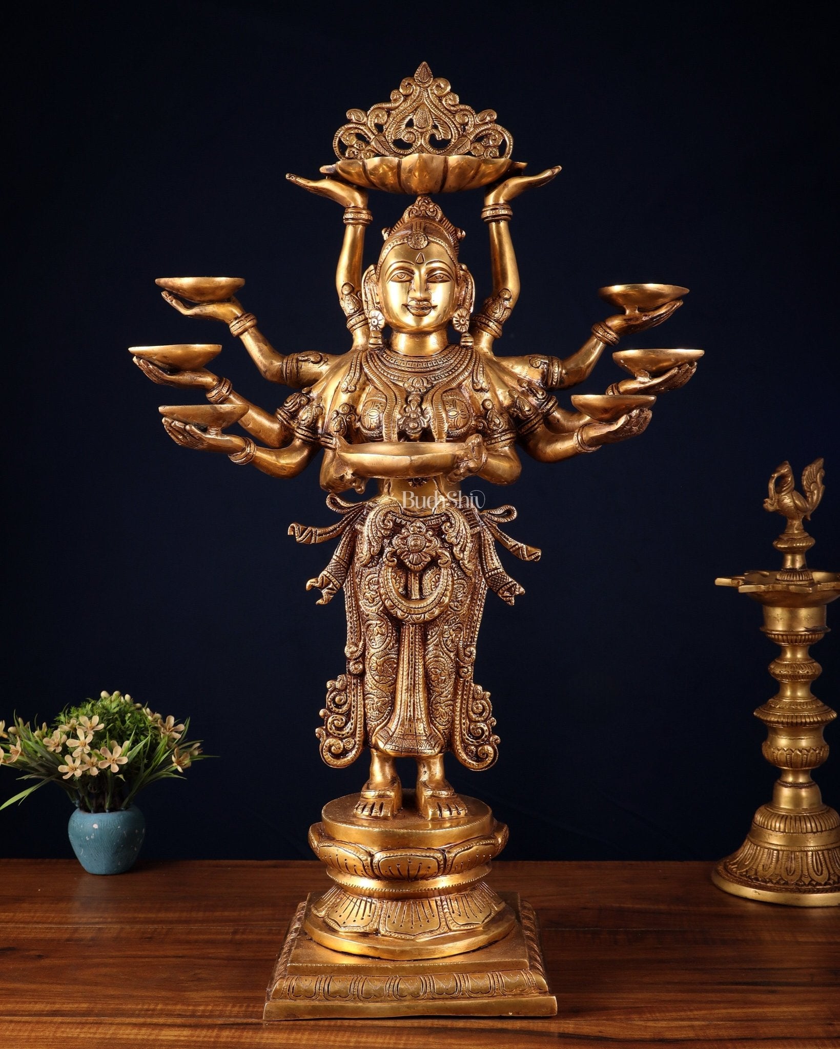Brass Deep Lady with Ten arms - 27 inch tall - Budhshiv.com