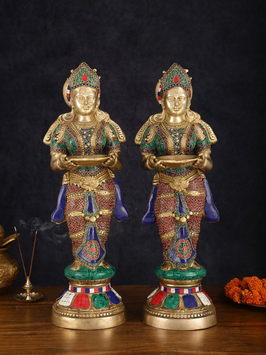 Brass Deep Lakshmi Pavaai Villaku with Intricate Stonework, 23" Height - Budhshiv.com