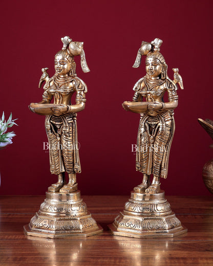 Brass Deep Lakshmi Pavai Vilakku Oil Lamp – Lady Holding Diya (Pair) 11 inch - Budhshiv.com