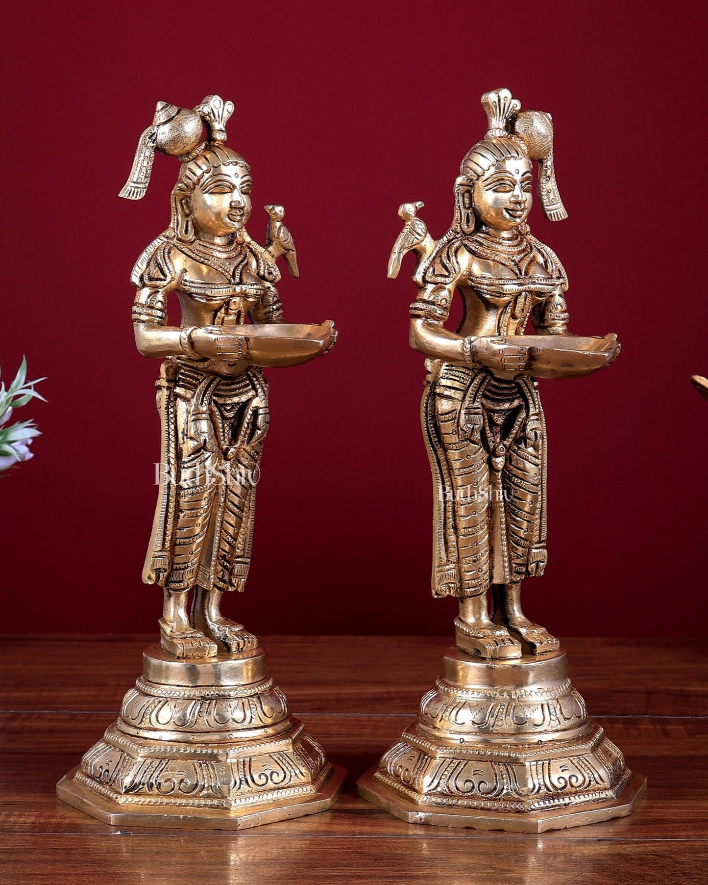 Brass Deep Lakshmi Pavai Vilakku Oil Lamp – Lady Holding Diya (Pair) 11 inch - Budhshiv.com