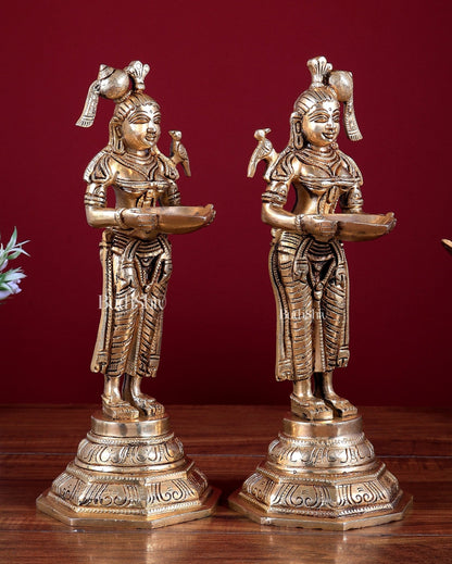 Brass Deep Lakshmi Pavai Vilakku Oil Lamp – Lady Holding Diya (Pair) 11 inch - Budhshiv.com