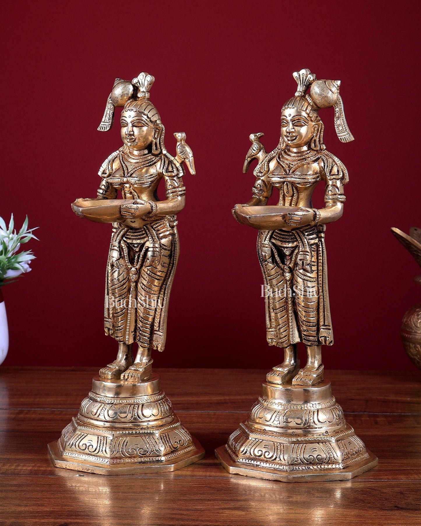 Brass Deep Lakshmi Pavai Vilakku Oil Lamp – Lady Holding Diya (Pair) 11 inch - Budhshiv.com