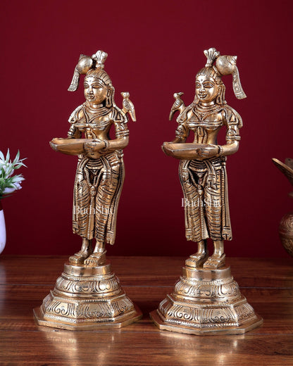 Brass Deep Lakshmi Pavai Vilakku Oil Lamp – Lady Holding Diya (Pair) 11 inch - Budhshiv.com