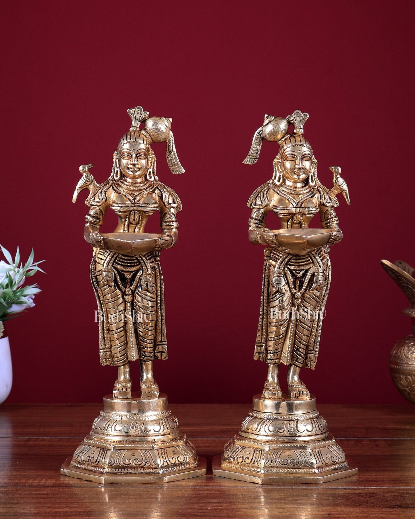 Brass Deep Lakshmi Pavai Vilakku Oil Lamp – Lady Holding Diya (Pair) 11 inch - Budhshiv.com