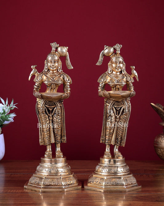 Brass Deep Lakshmi Pavai Vilakku Oil Lamp – Lady Holding Diya (Pair) 11 inch - Budhshiv.com