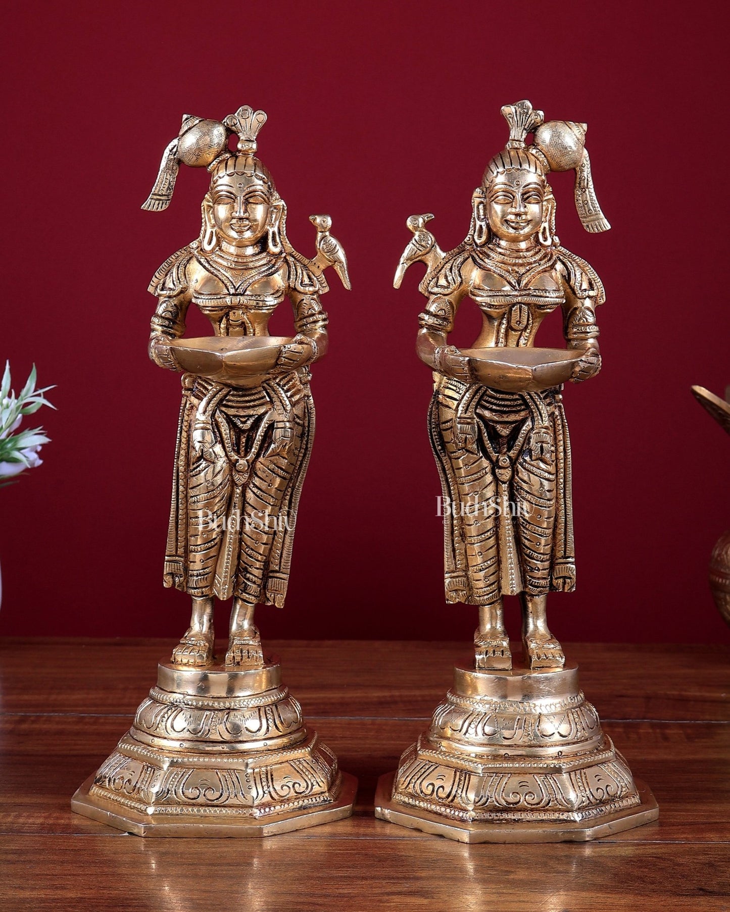 Brass Deep Lakshmi Pavai Vilakku Oil Lamp – Lady Holding Diya (Pair) 11 inch - Budhshiv.com