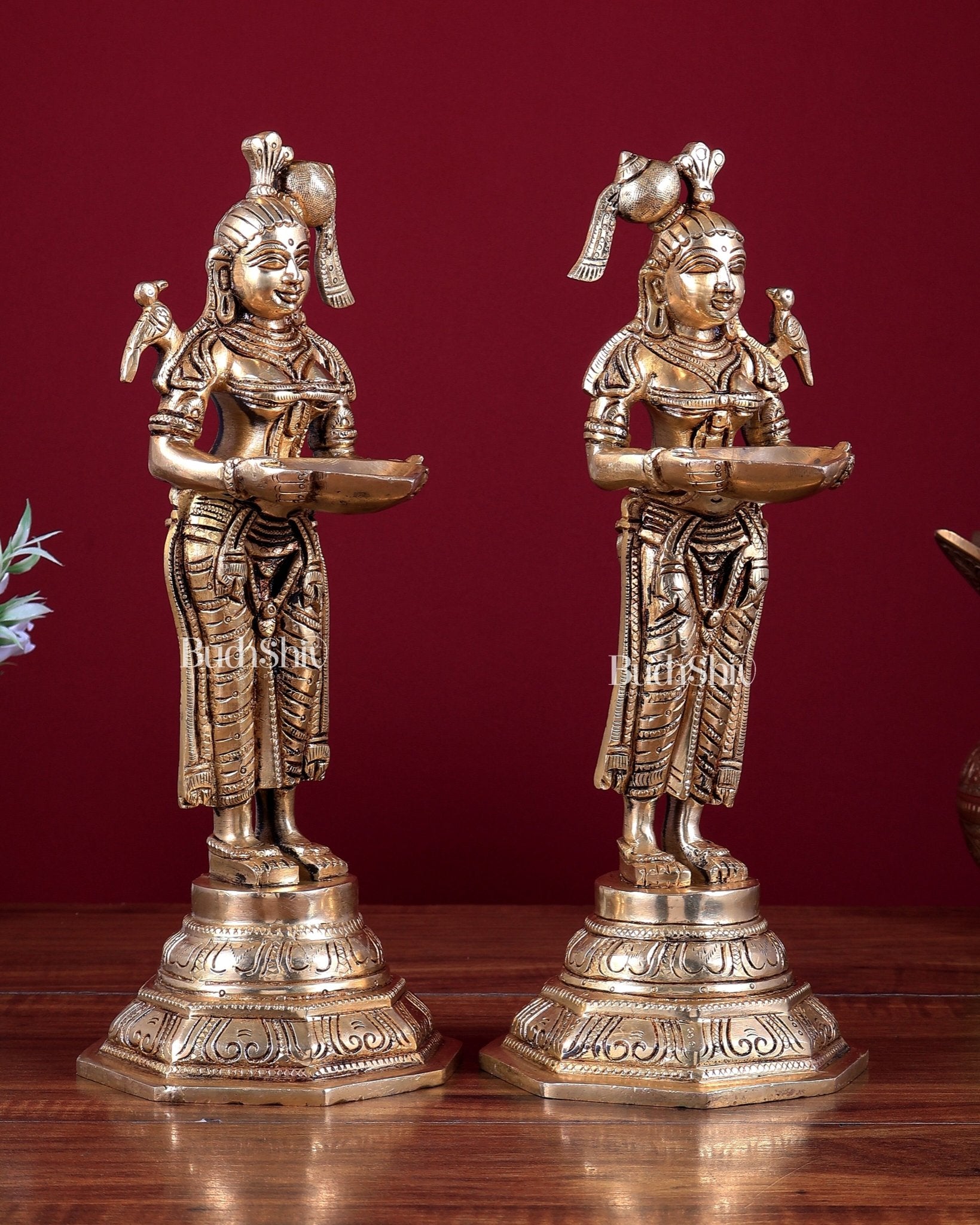Brass Deep Lakshmi Pavai Vilakku Oil Lamp – Lady Holding Diya (Pair) 11 inch - Budhshiv.com