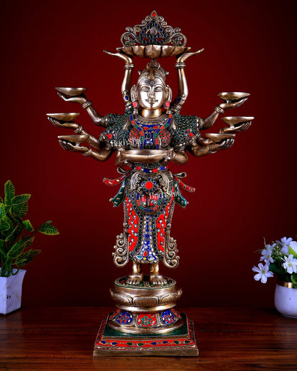 Brass Deep Lakshmi with Ten Hands - 27 inch Stonework - Budhshiv.com