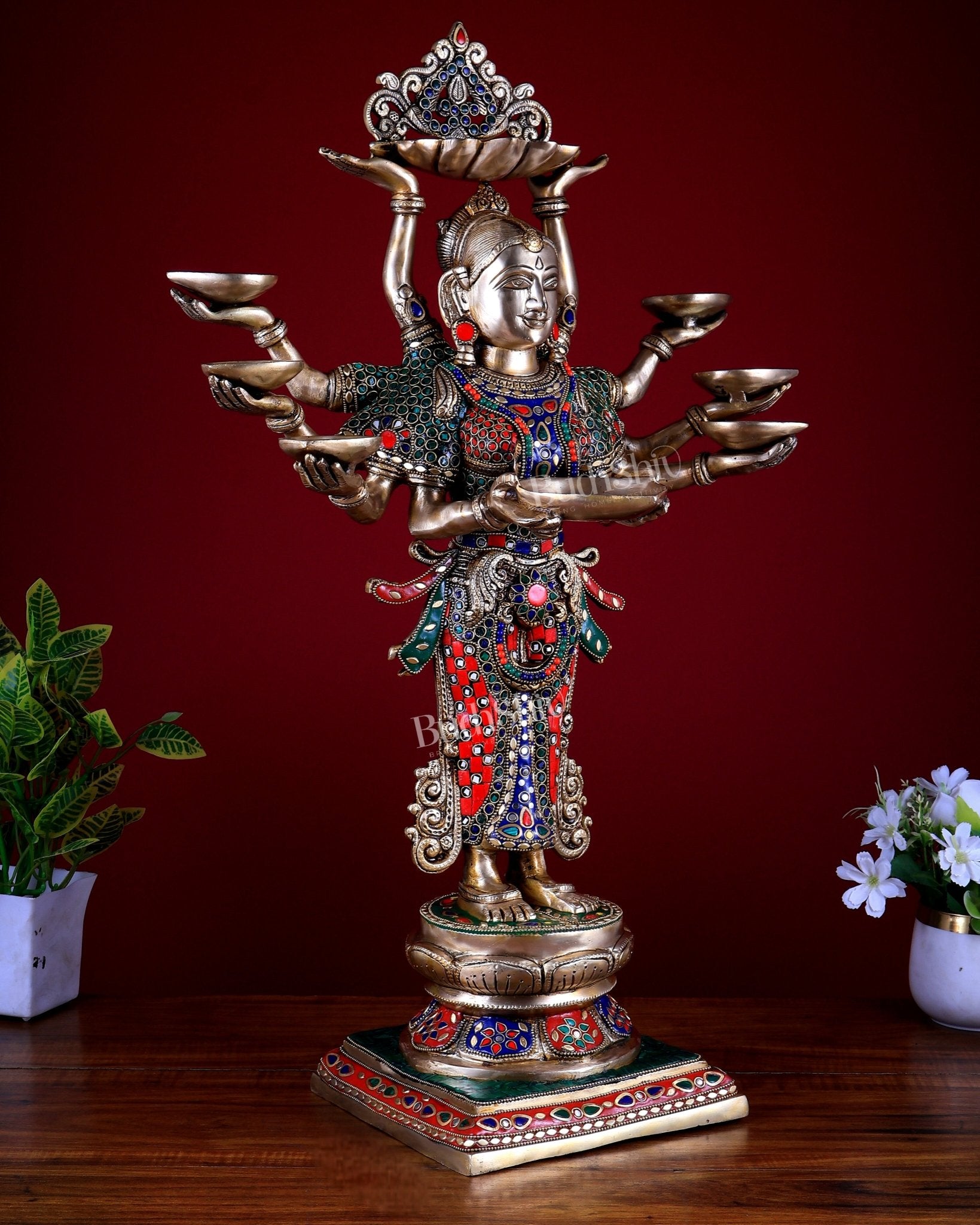 Brass Deep Lakshmi with Ten Hands - 27 inch Stonework - Budhshiv.com