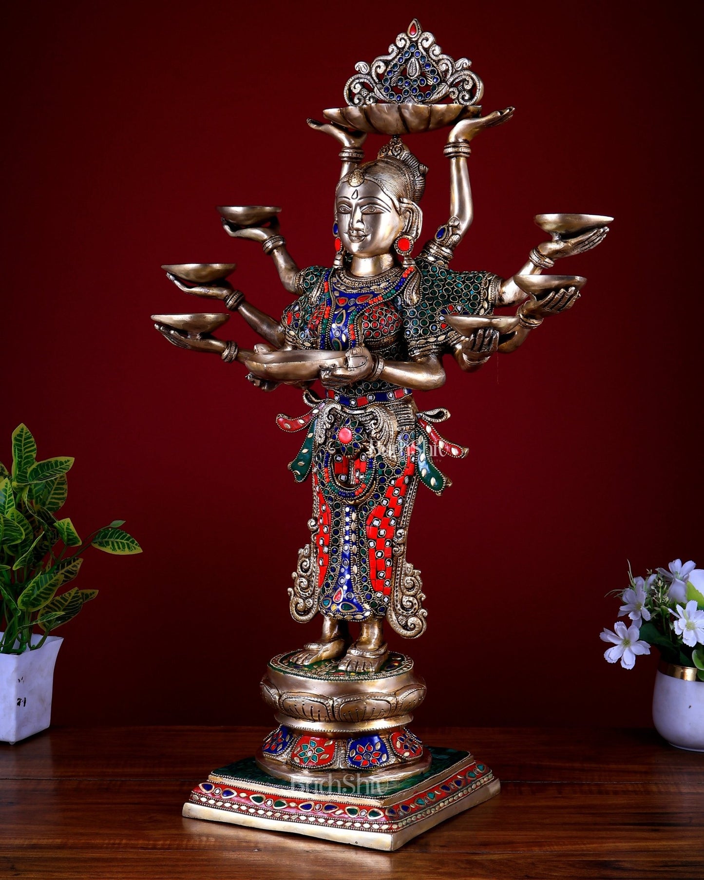 Brass Deep Lakshmi with Ten Hands - 27 inch Stonework - Budhshiv.com