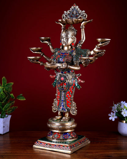 Brass Deep Lakshmi with Ten Hands - 27 inch Stonework - Budhshiv.com