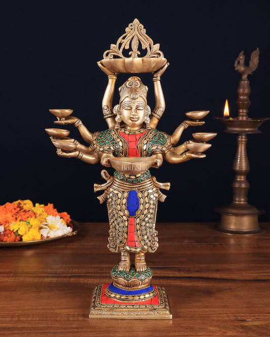 Brass Deep Lakshmi with Ten Hands Idol 15" stonework - Budhshiv.com