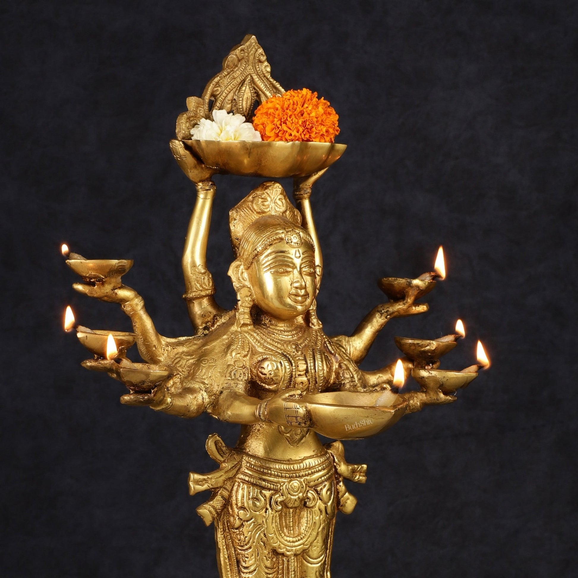 Brass Deep Lakshmi with Ten Hands Idol 15" - Budhshiv.com