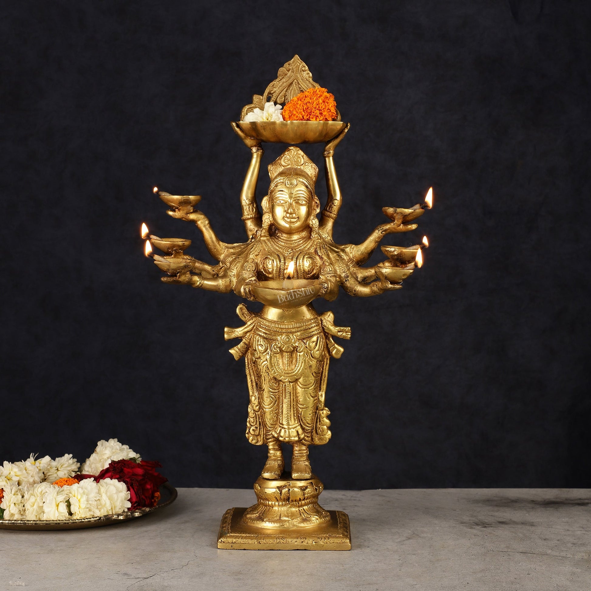 Brass Deep Lakshmi with Ten Hands Idol 15" - Budhshiv.com