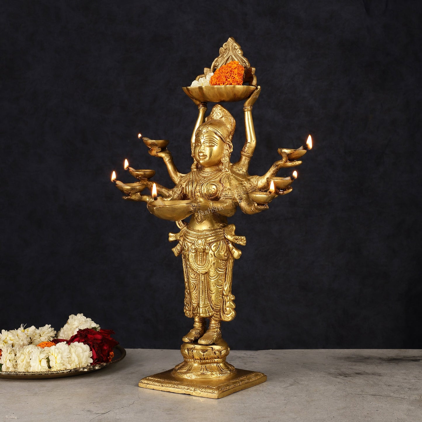 Brass Deep Lakshmi with Ten Hands Idol 15" - Budhshiv.com