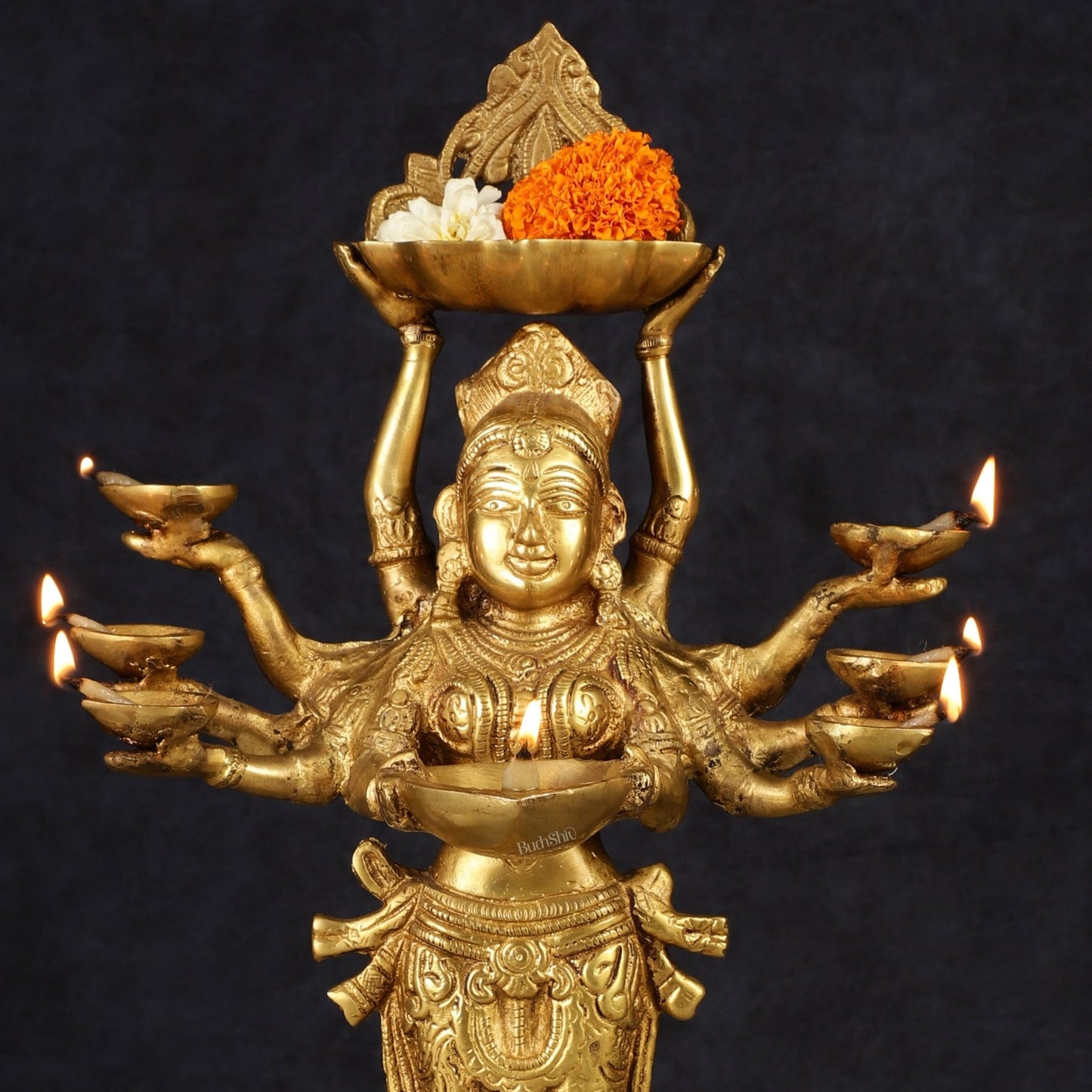 Brass Deep Lakshmi with Ten Hands Idol 15" - Budhshiv.com