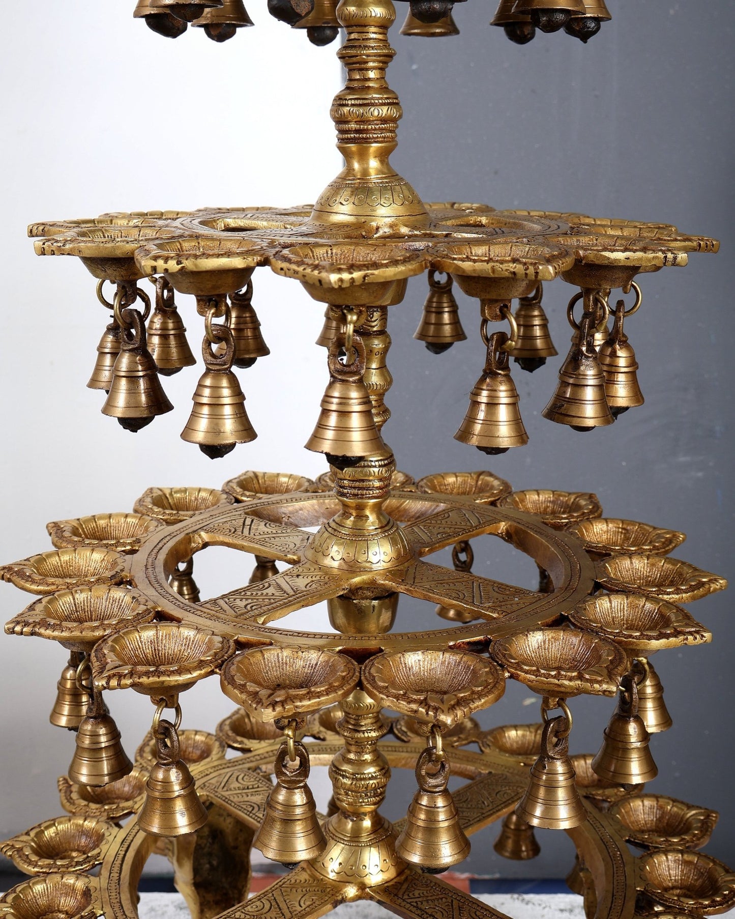 Brass Deepa Lakshmi with 56 Diyas – Large Multi-Diya Vilakku Masterpiece 43 inch - Budhshiv.com