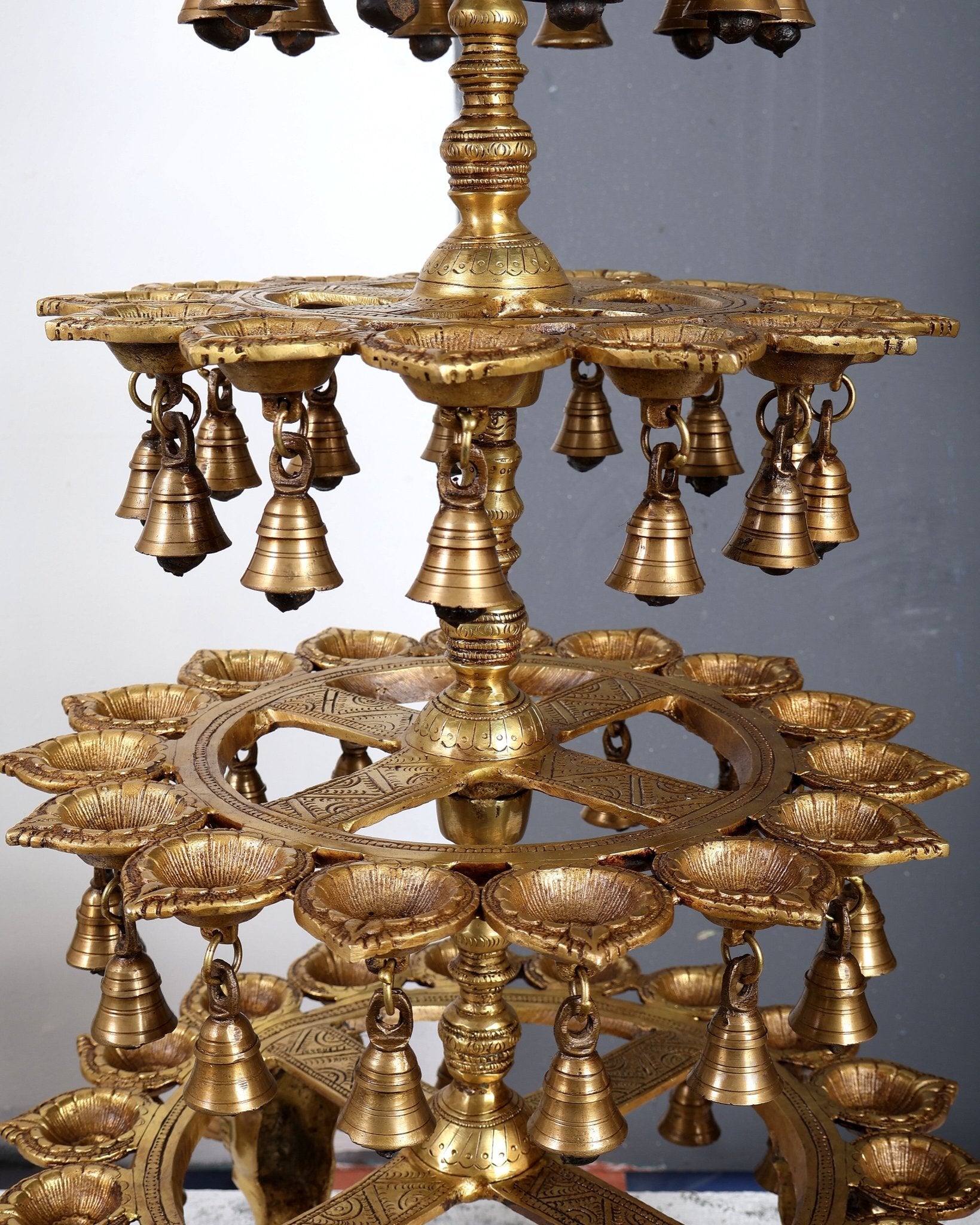 Brass Deepa Lakshmi with 56 Diyas – Large Multi-Diya Vilakku Masterpiece 43 inch - Budhshiv.com