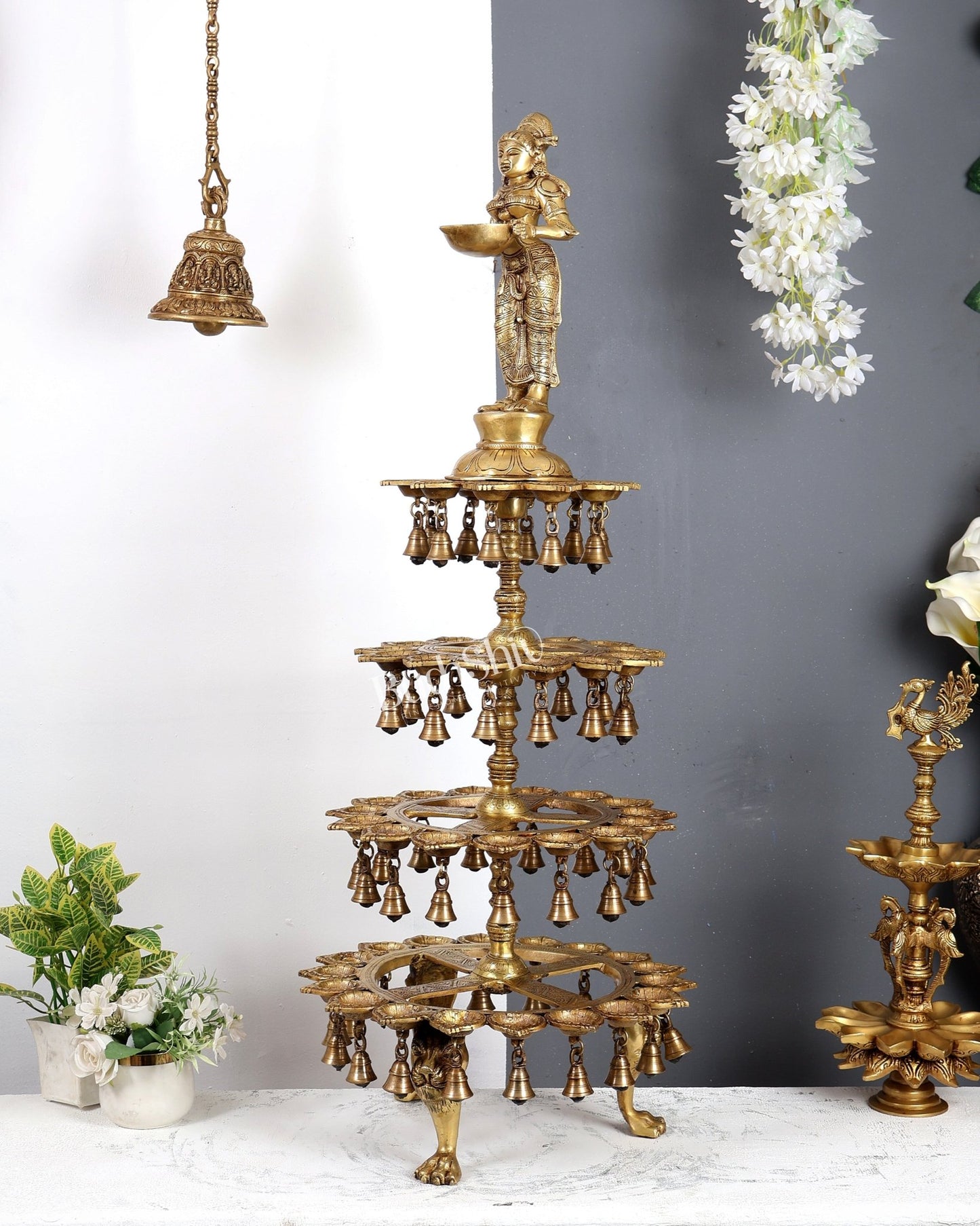 Brass Deepa Lakshmi with 56 Diyas – Large Multi-Diya Vilakku Masterpiece 43 inch - Budhshiv.com
