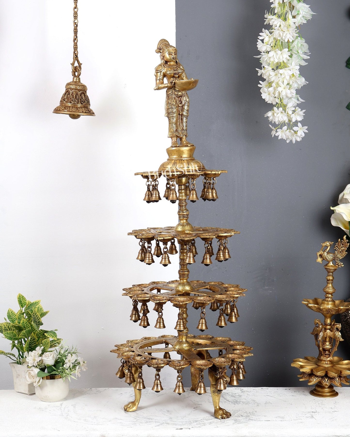 Brass Deepa Lakshmi with 56 Diyas – Large Multi-Diya Vilakku Masterpiece 43 inch - Budhshiv.com