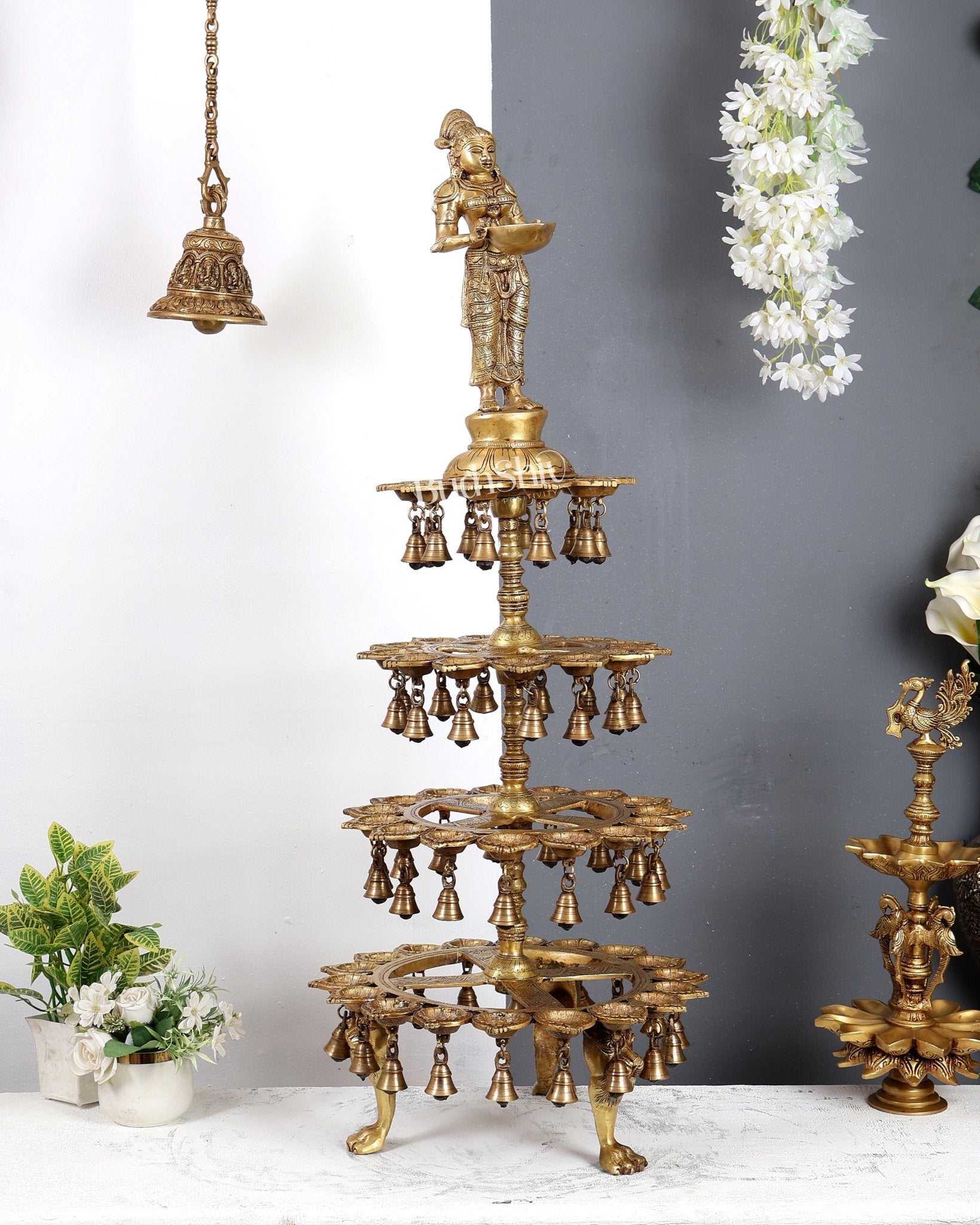 Brass Deepa Lakshmi with 56 Diyas – Large Multi-Diya Vilakku Masterpiece 43 inch - Budhshiv.com