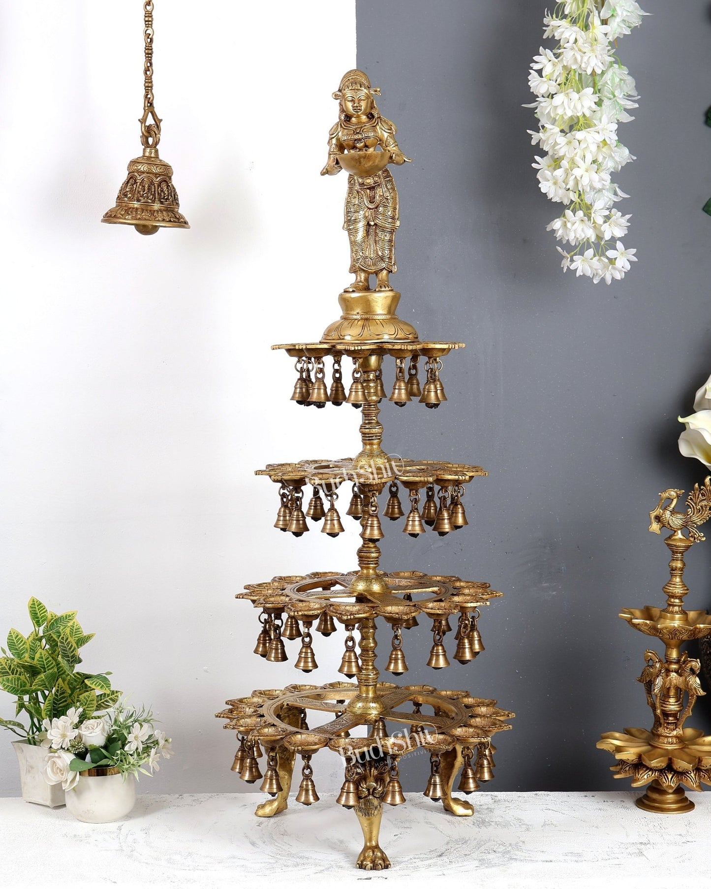Brass Deepa Lakshmi with 56 Diyas – Large Multi-Diya Vilakku Masterpiece 43 inch - Budhshiv.com