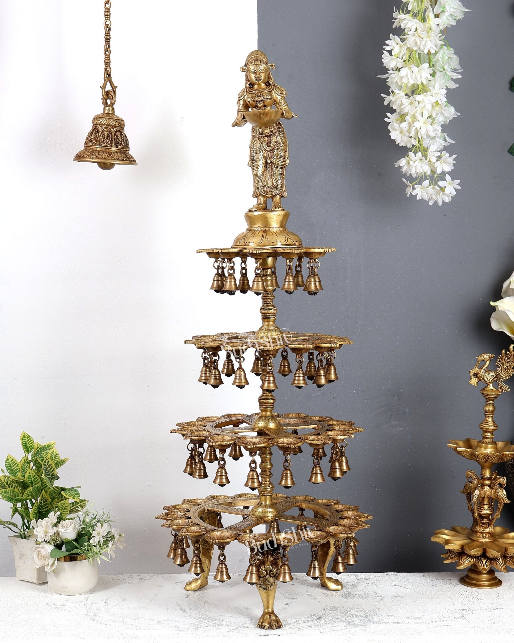 Brass Deepa Lakshmi with 56 Diyas – Large Multi-Diya Vilakku Masterpiece 43 inch - Budhshiv.com