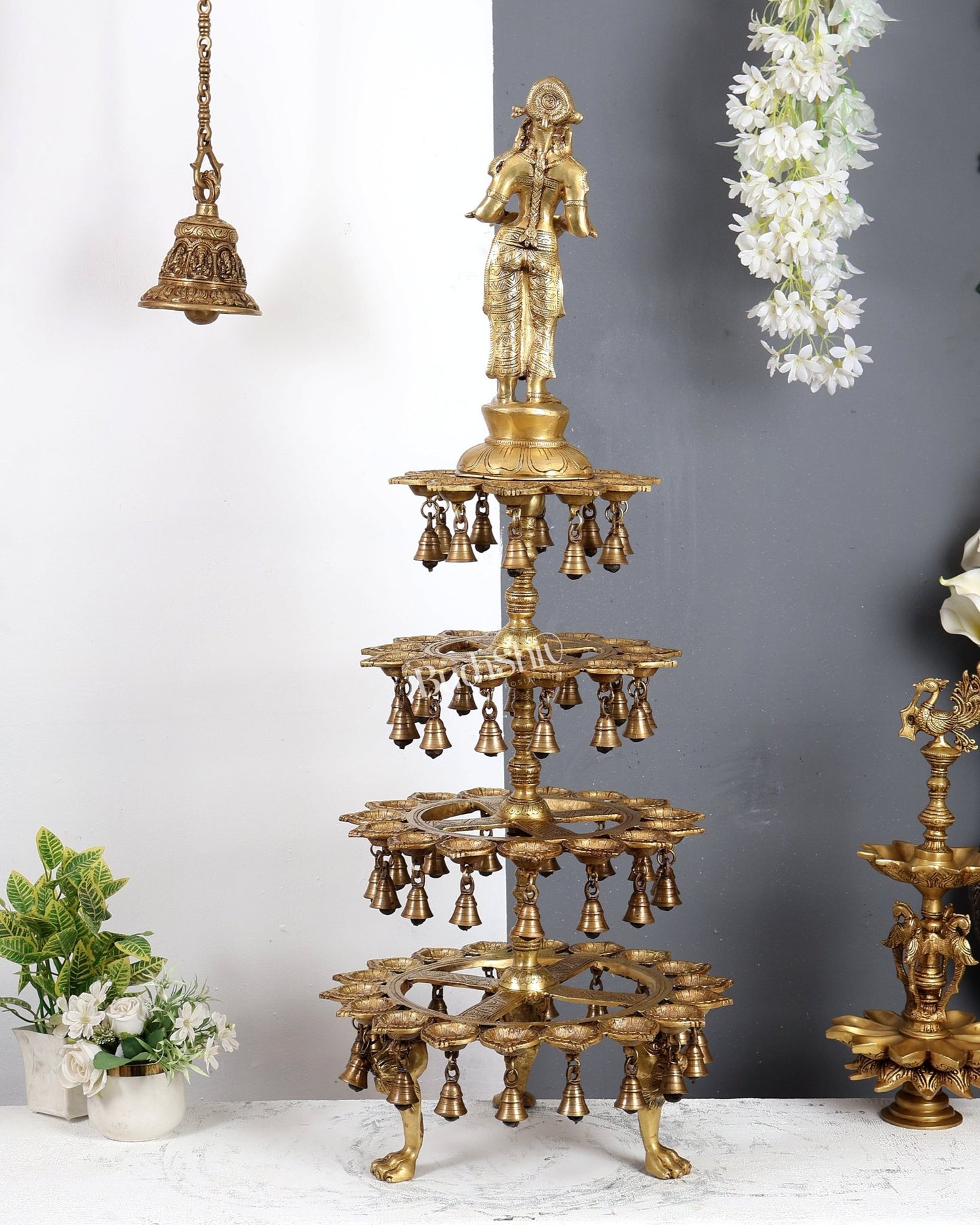 Brass Deepa Lakshmi with 56 Diyas – Large Multi-Diya Vilakku Masterpiece 43 inch - Budhshiv.com