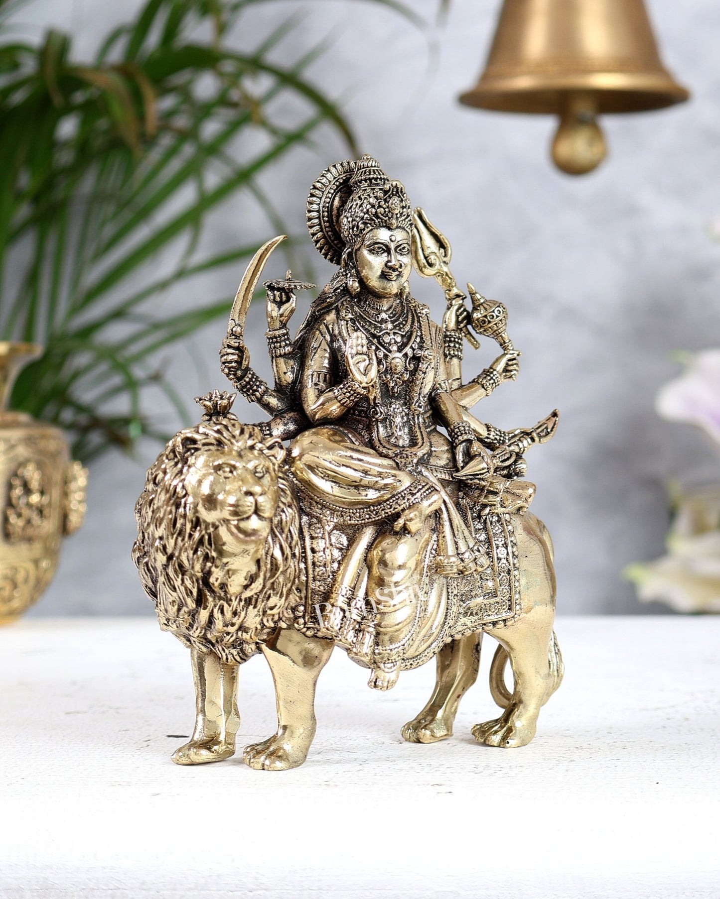 Brass Durga ambe ma on Lion Idol – 6 Inch - Budhshiv.com