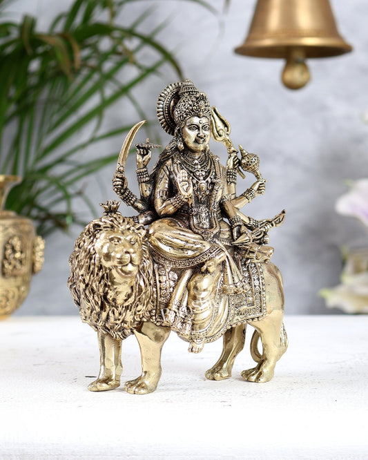 Brass Durga ambe ma on Lion Idol – 6 Inch - Budhshiv.com