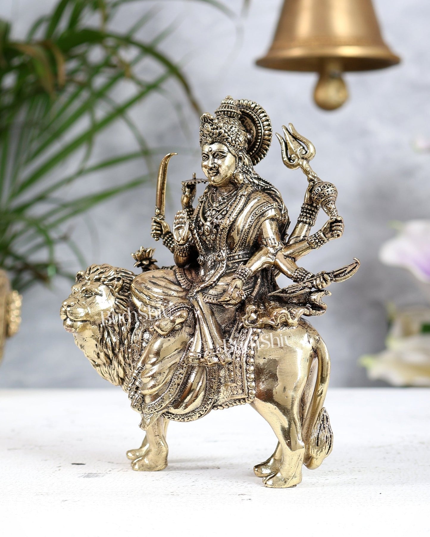 Brass Durga ambe ma on Lion Idol – 6 Inch - Budhshiv.com