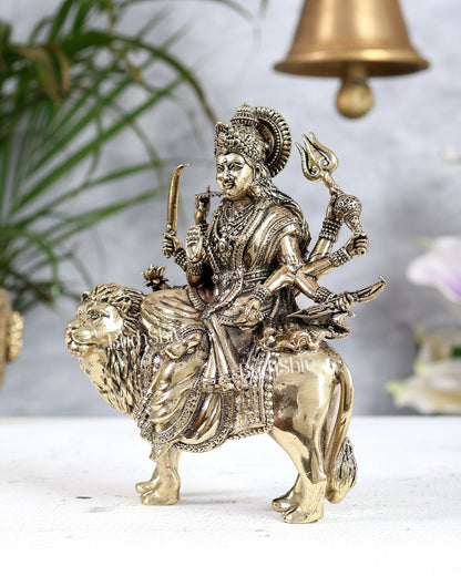 Brass Durga ambe ma on Lion Idol – 6 Inch - Budhshiv.com