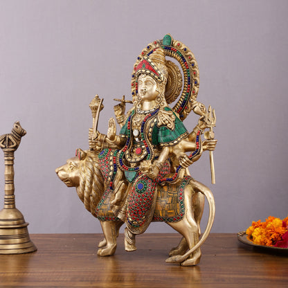 Brass Durga Mata Idol - 15" Divine Sherawali mata - Budhshiv.com