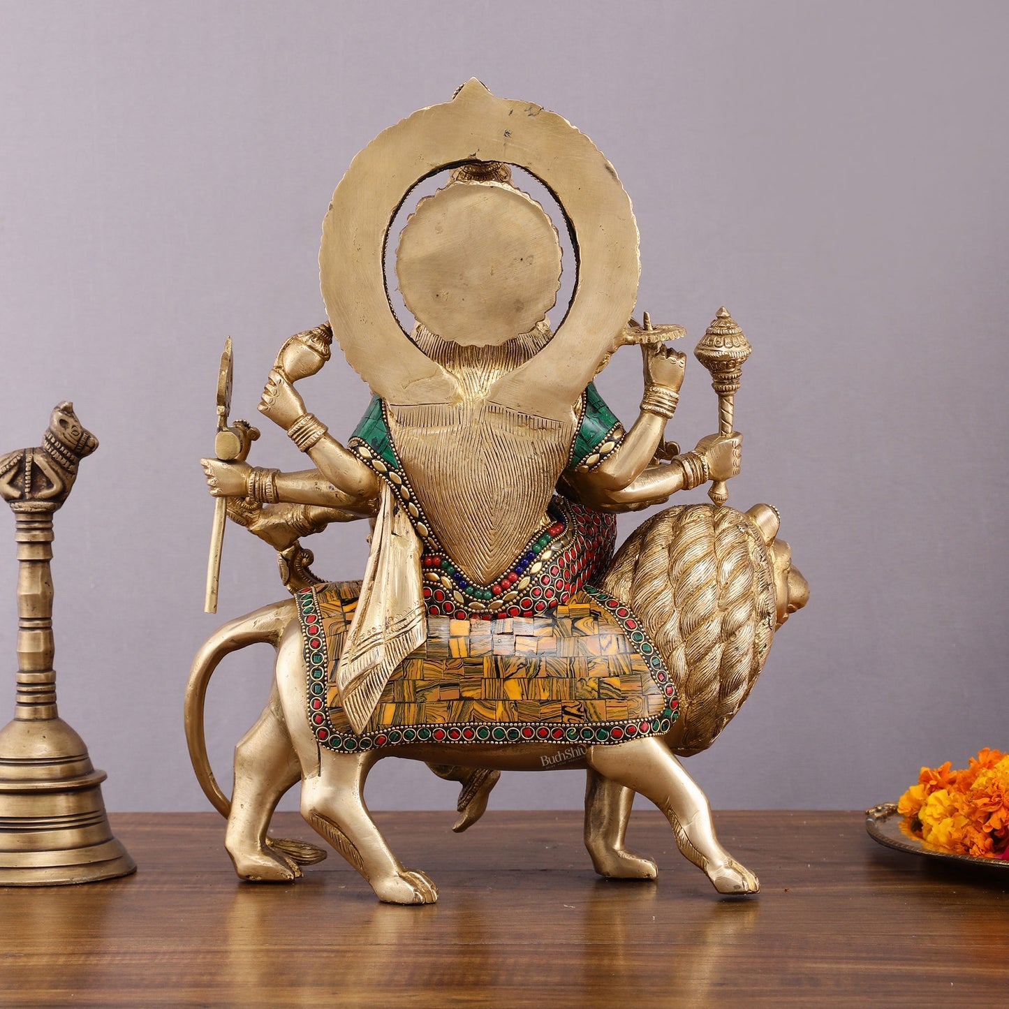 Brass Durga Mata Idol - 15" Divine Sherawali mata - Budhshiv.com