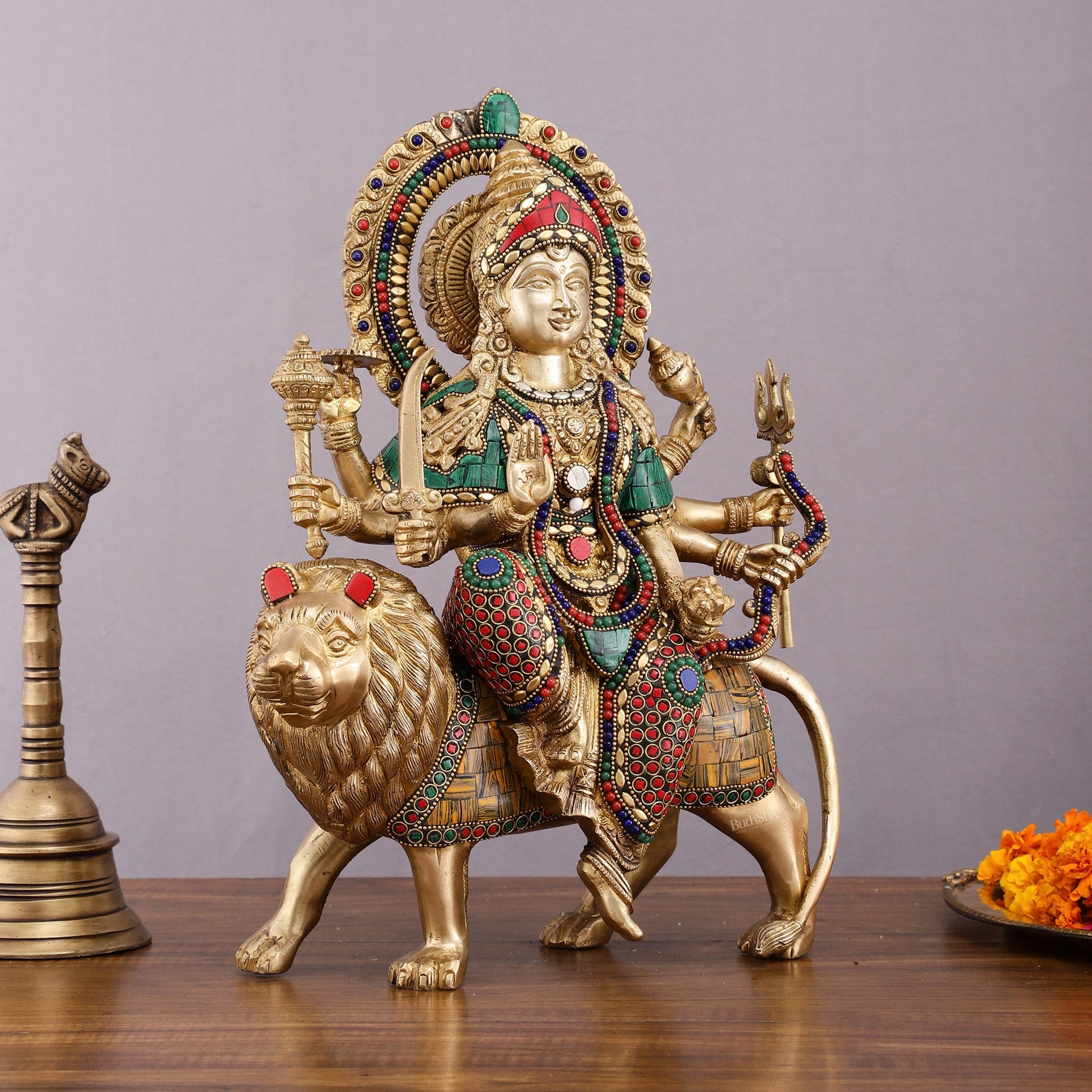 Brass Durga Mata Idol - 15" Divine Sherawali mata - Budhshiv.com