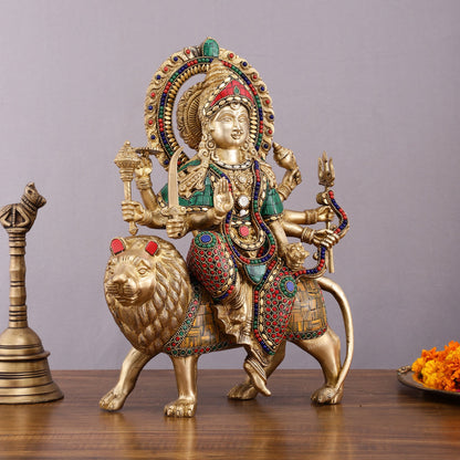 Brass Durga Mata Idol - 15" Divine Sherawali mata - Budhshiv.com