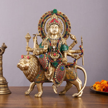 Brass Durga Mata Idol - 15" Divine Sherawali mata - Budhshiv.com