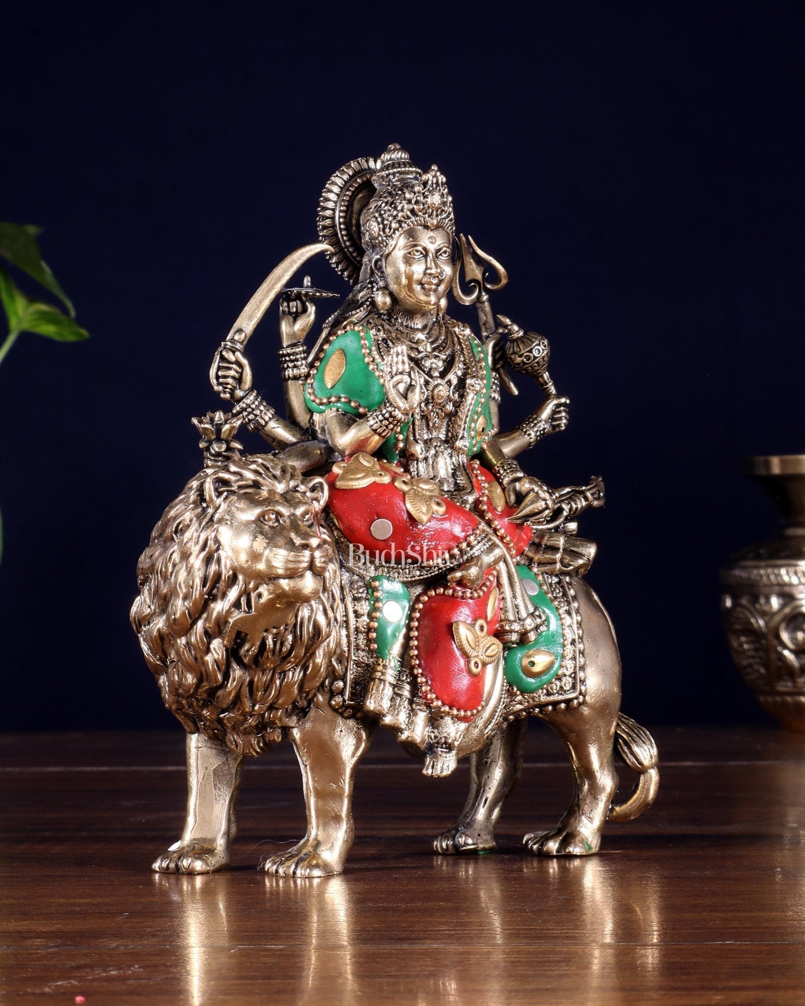 Brass Durga on Lion Idol – 6 Inch, Superfine Lightweight - Budhshiv.com