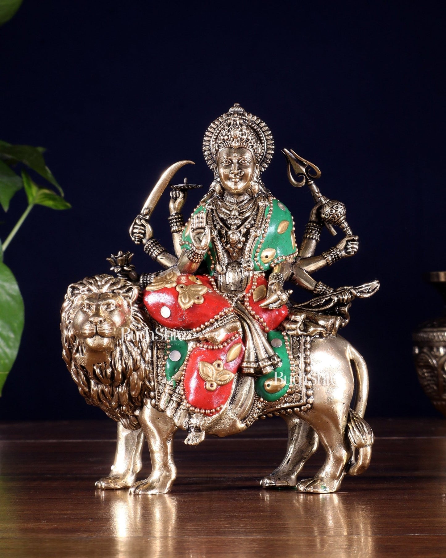 Brass Durga on Lion Idol – 6 Inch, Superfine Lightweight - Budhshiv.com