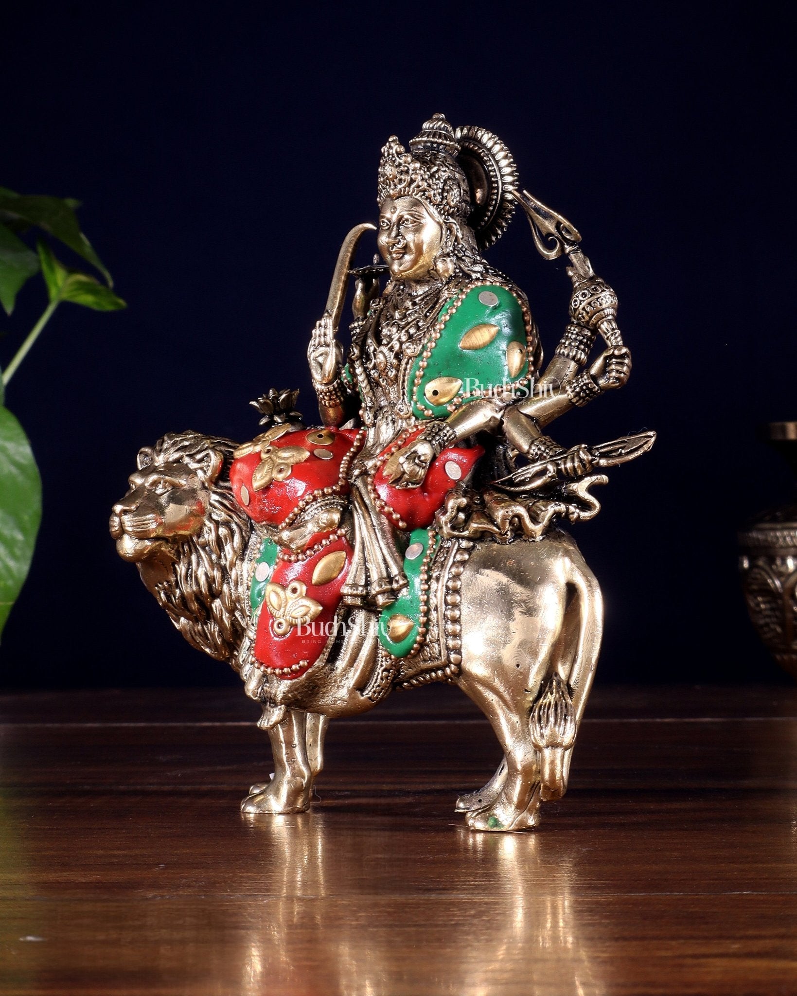Brass Durga on Lion Idol – 6 Inch, Superfine Lightweight - Budhshiv.com