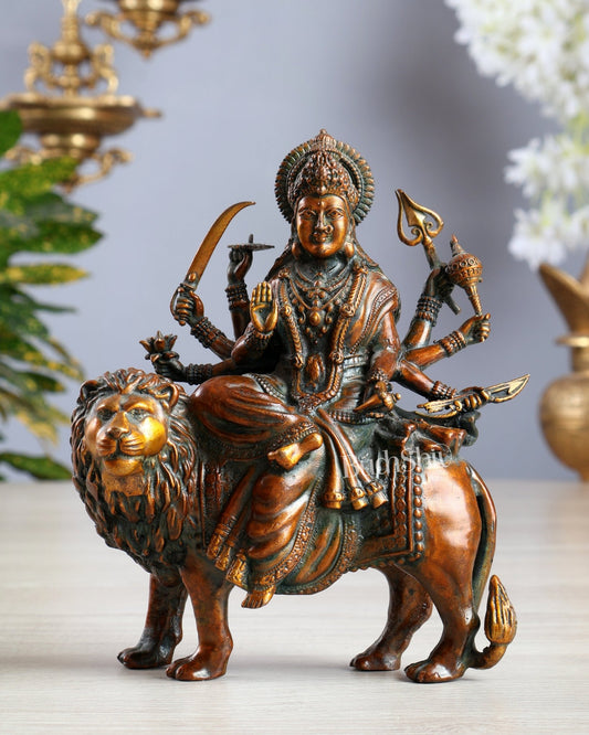 Brass Durga on Lion Idol – 6 Inches, Superfine Lightweight chola brown tone - Budhshiv.com