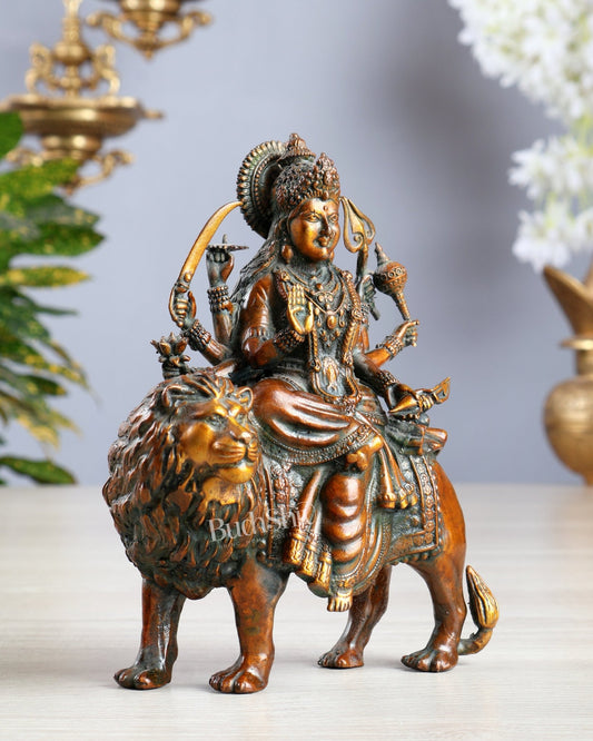 Brass Durga on Lion Idol – 6 Inches, Superfine Lightweight chola brown tone - Budhshiv.com