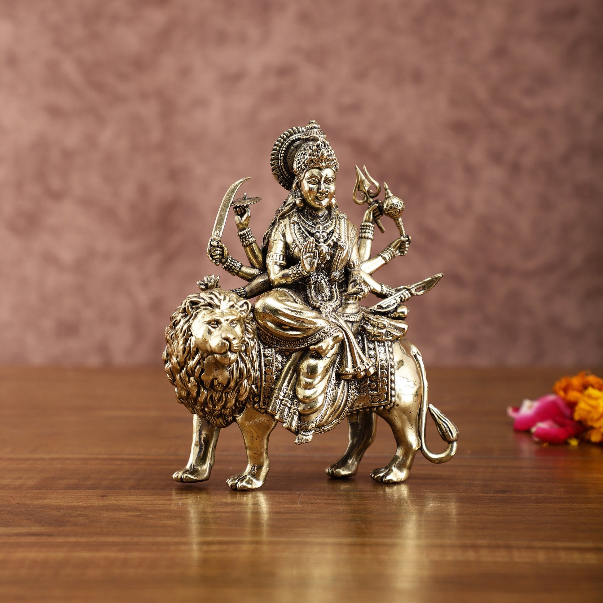 Brass Durga on Lion Idol – 6 Inches, Superfine Lightweight - Budhshiv.com