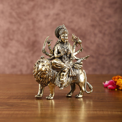 Brass Durga on Lion Idol – 6 Inches, Superfine Lightweight - Budhshiv.com