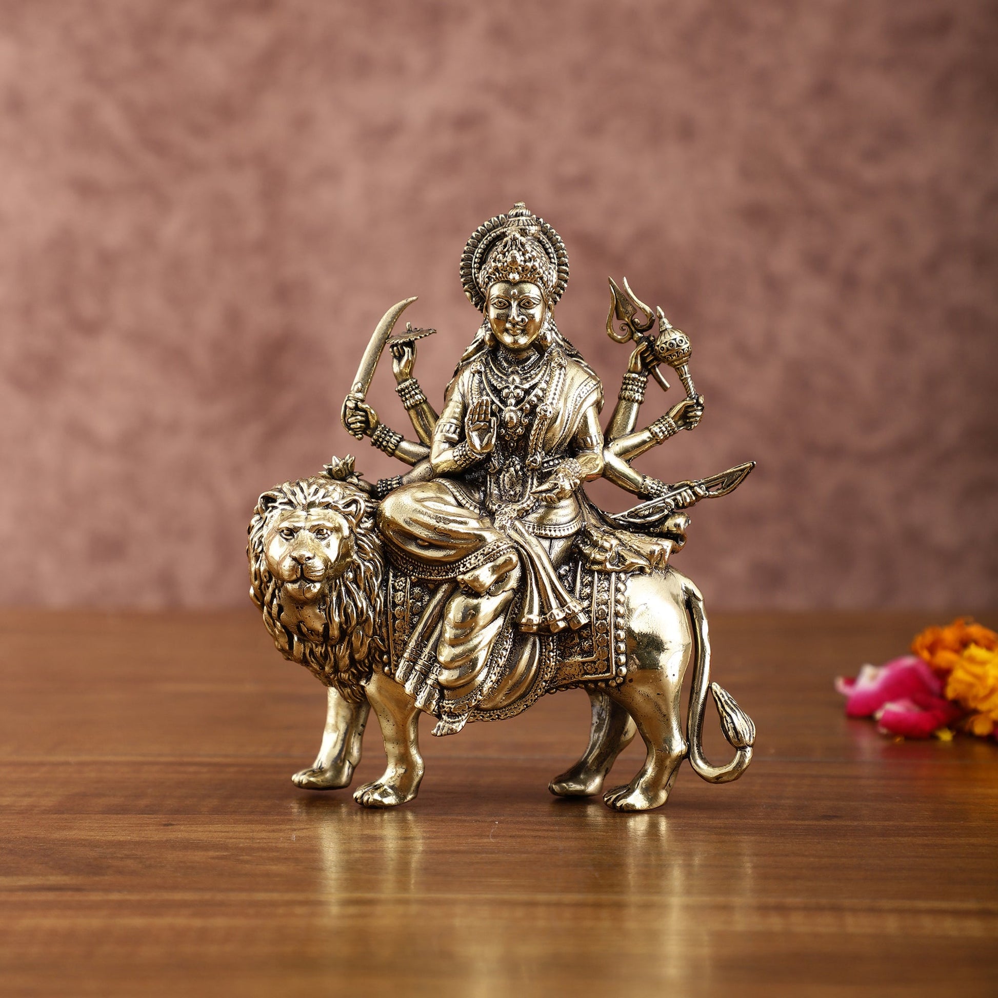 Brass Durga on Lion Idol – 6 Inches, Superfine Lightweight - Budhshiv.com