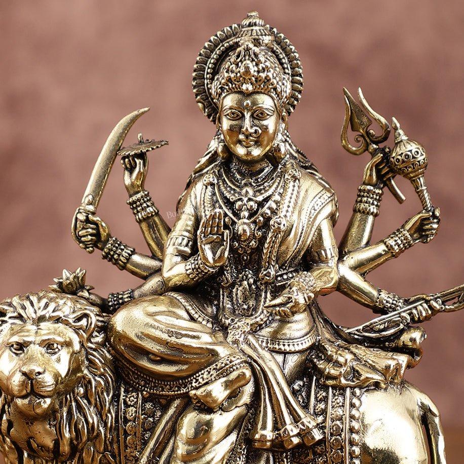 Brass Durga on Lion Idol – 6 Inches, Superfine Lightweight - Budhshiv.com