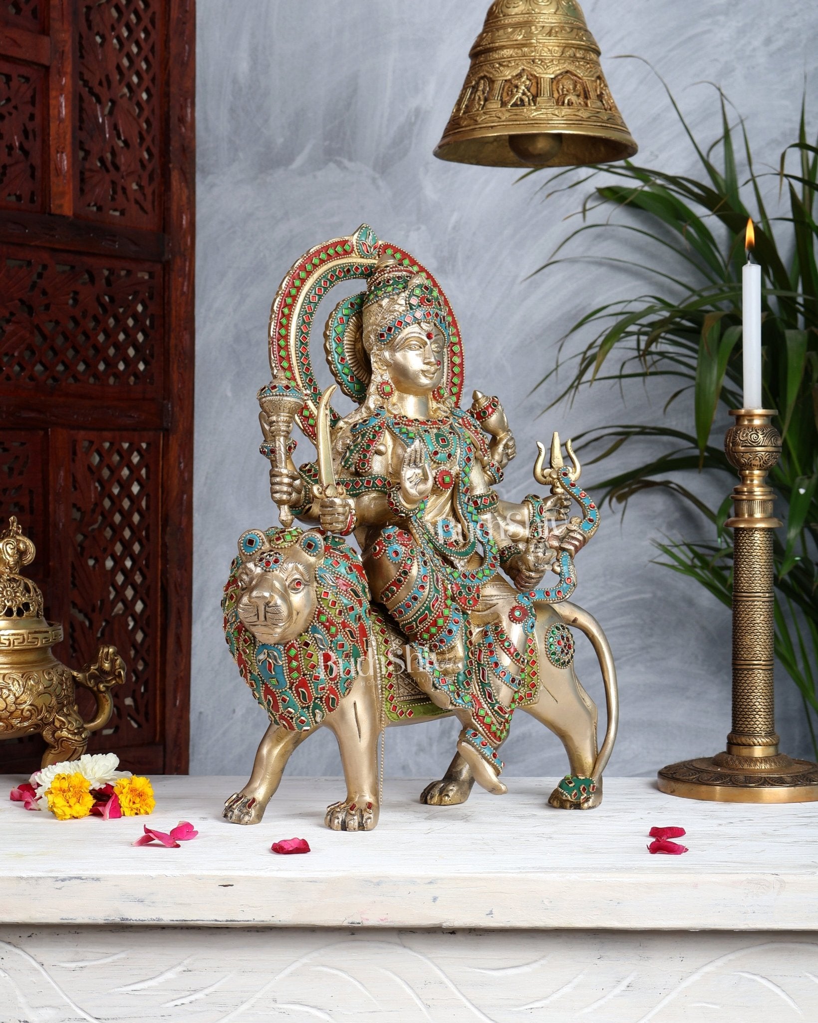 Brass Durga Sherawali Mata Murti - 15" - Budhshiv.com