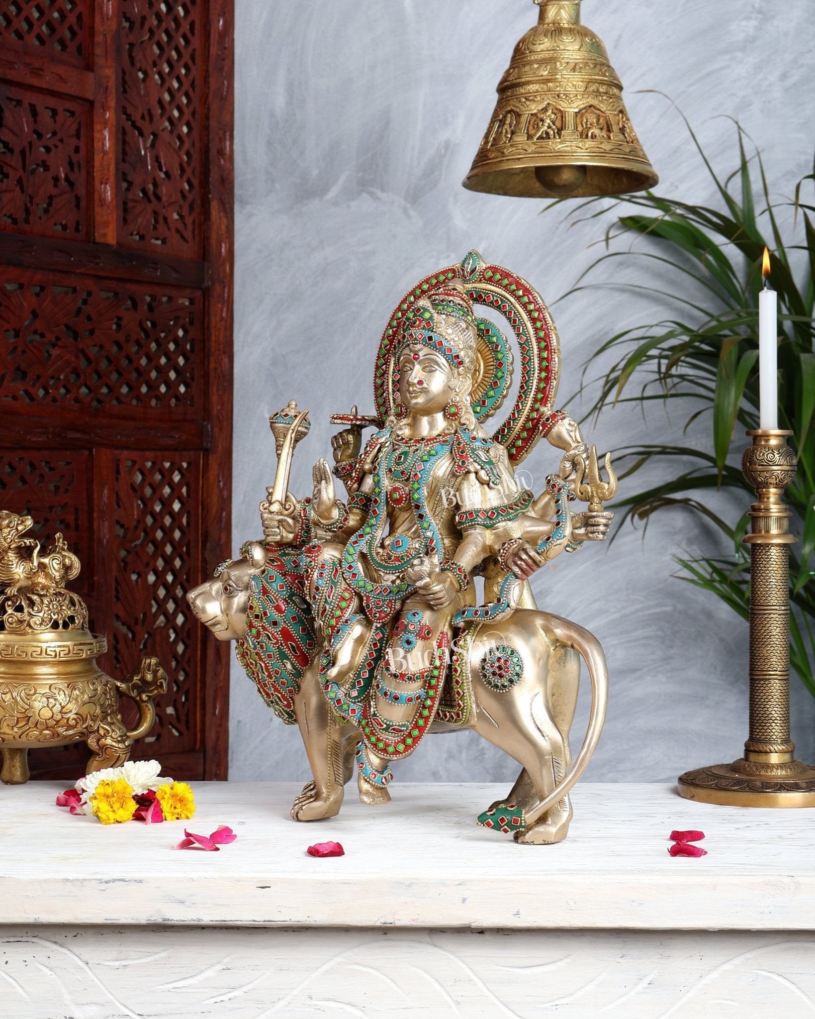 Brass Durga Sherawali Mata Murti - 15" - Budhshiv.com