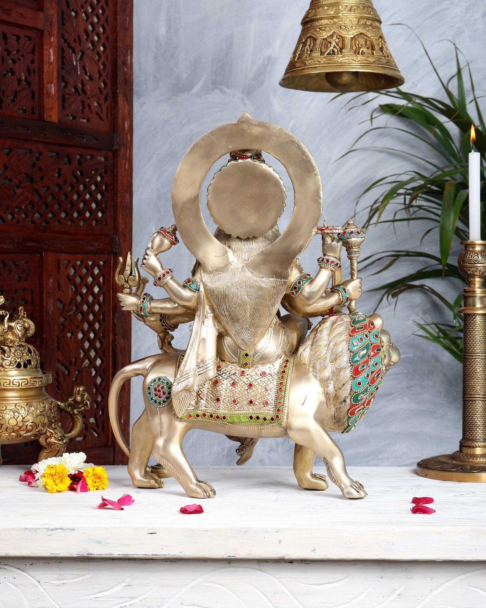 Brass Durga Sherawali Mata Murti - 15" - Budhshiv.com